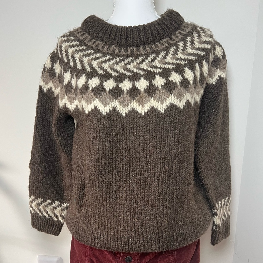 Handmade Wool Brown & Cream Argyle Long-Sleeve Sweater 🦌🤎